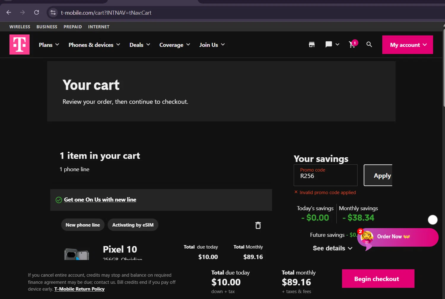 T-Mobile promo code screenshot showing code R256 applied at T-Mobile checkout page. Uploaded by SimplyCodes community member ScanHunter7116 on Aug 24, 2025