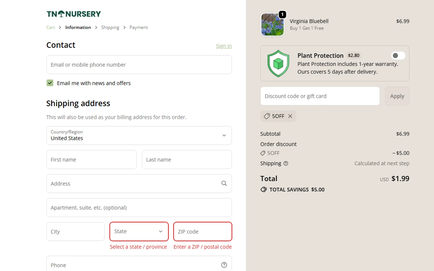 Tn Nursery discount code screenshot showing code 5OFF applied at Tn Nursery checkout page. Uploaded by SimplyCodes community member LieutenantGhost on Oct 19, 2025