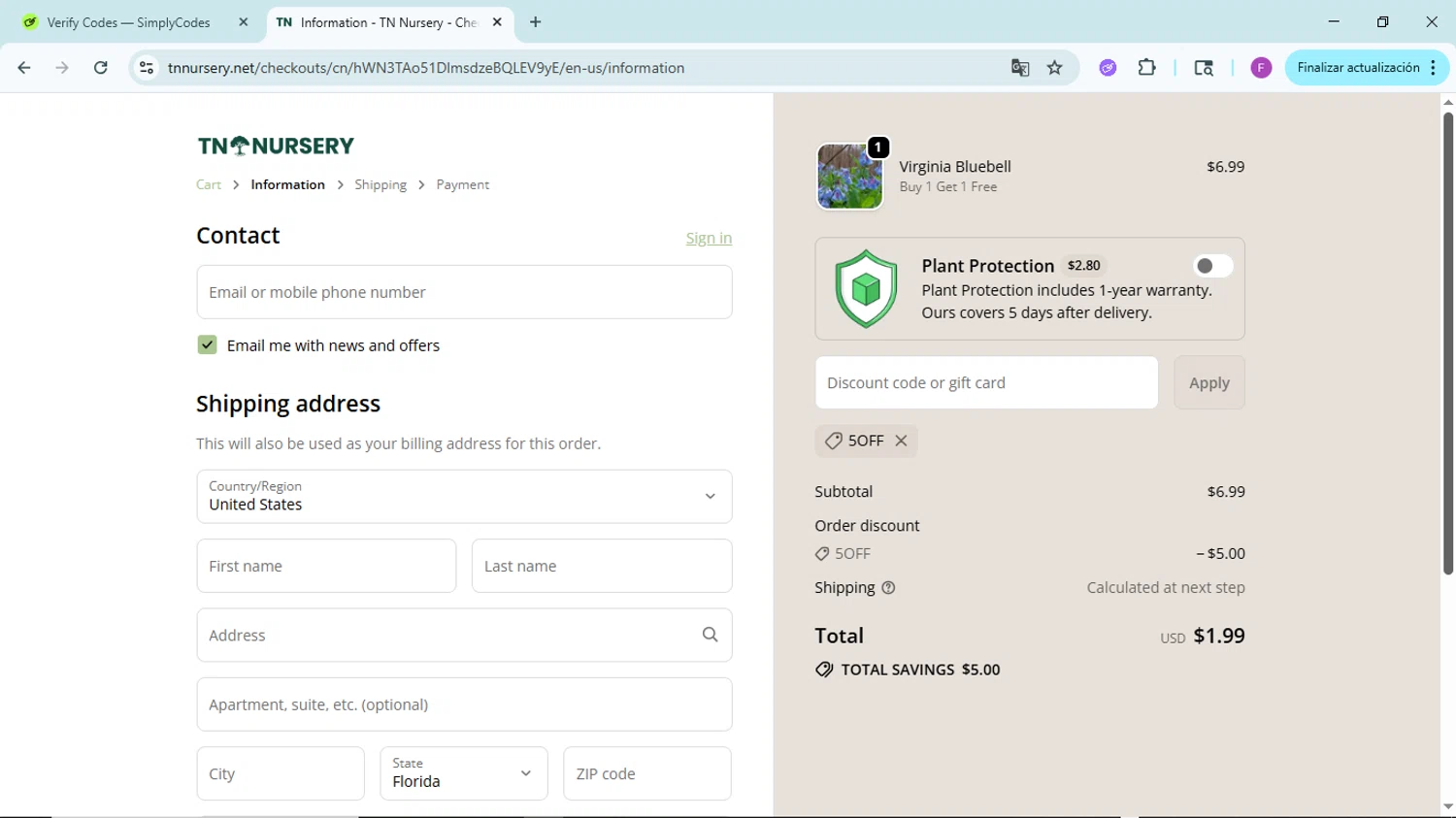 Tn Nursery discount code screenshot showing code 5OFF applied at Tn Nursery checkout page. Uploaded by SimplyCodes community member ShieldTitan6985 on Sep 27, 2025