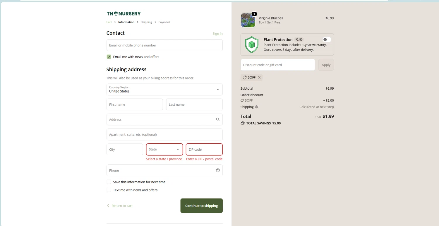 Tn Nursery discount code screenshot showing code 5OFF applied at Tn Nursery checkout page. Uploaded by SimplyCodes community member JAKEELDOG on Oct 11, 2025