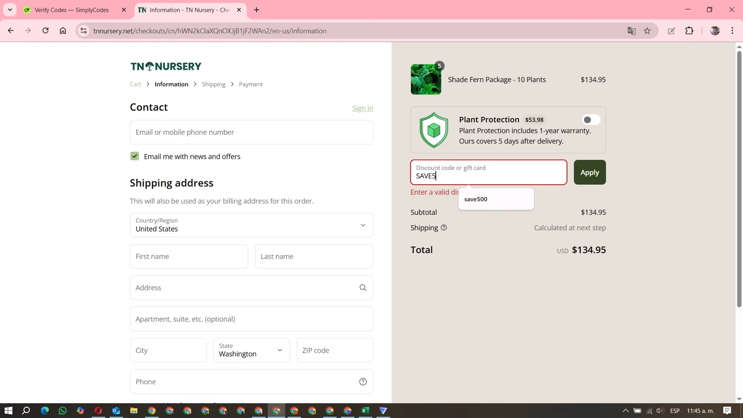 Tn Nursery discount code screenshot showing code SAVE5 applied at Tn Nursery checkout page. Uploaded by SimplyCodes community member DavGutFig on Sep 8, 2025