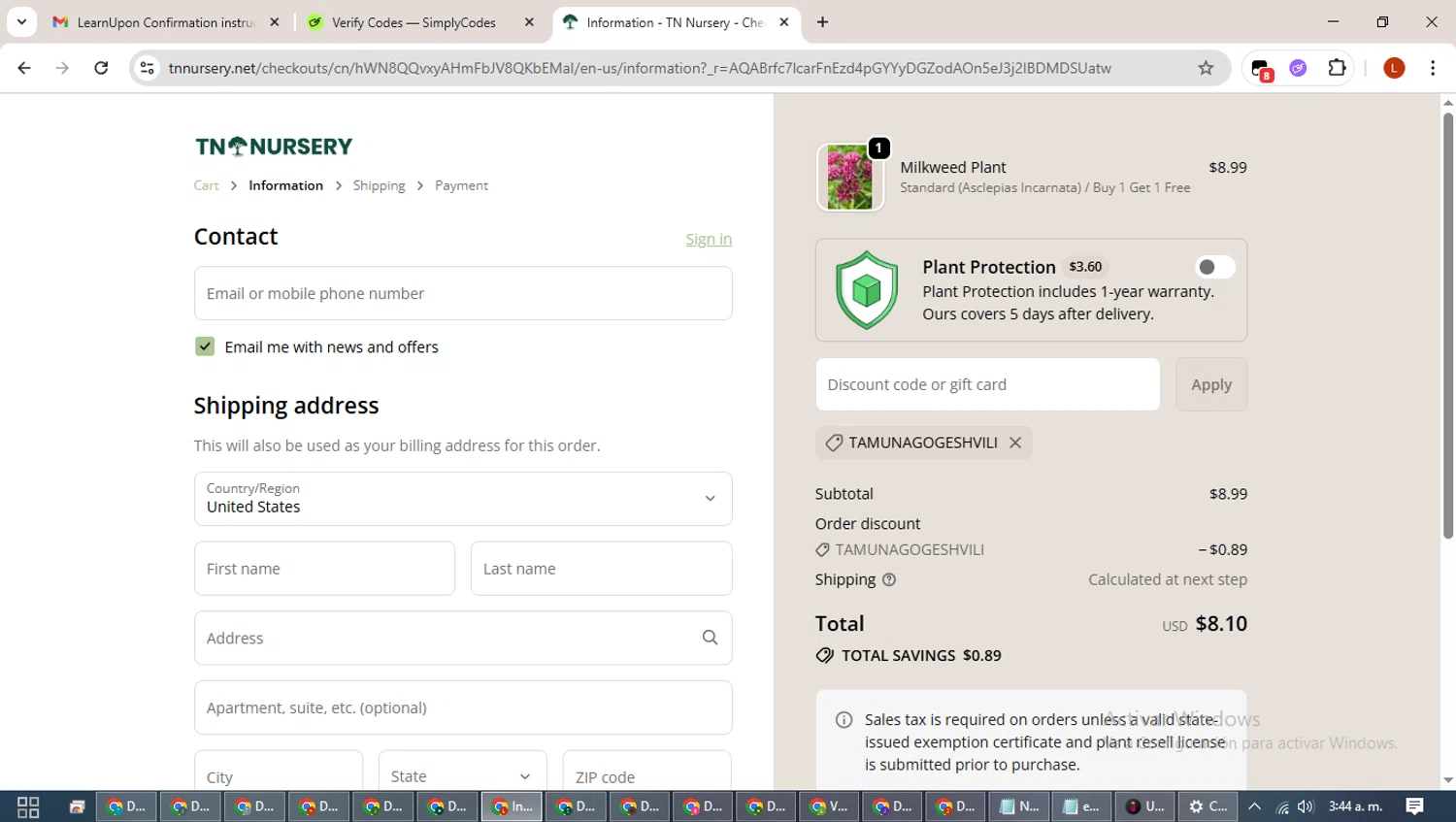 Tn Nursery checkout page showing Tn Nursery discount code box | Screenshot taken by SimplyCodes community member on Feb 5, 2026