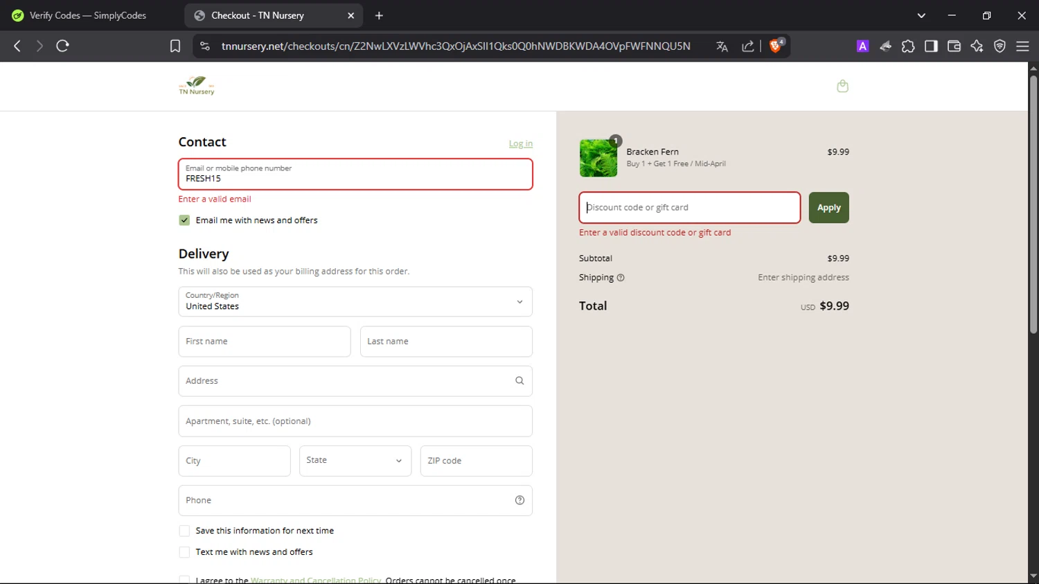 Tn Nursery discount code screenshot showing code FRESH15 applied at Tn Nursery checkout page. Uploaded by SimplyCodes community member SmartScholar9589 on Apr 6, 2025
