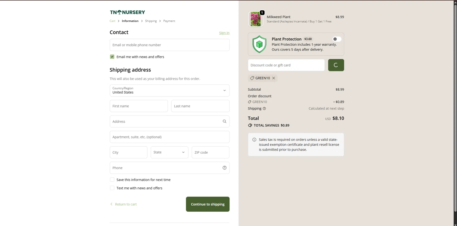 Tn Nursery checkout page showing Tn Nursery discount code box | Screenshot taken by SimplyCodes community member on Feb 5, 2026