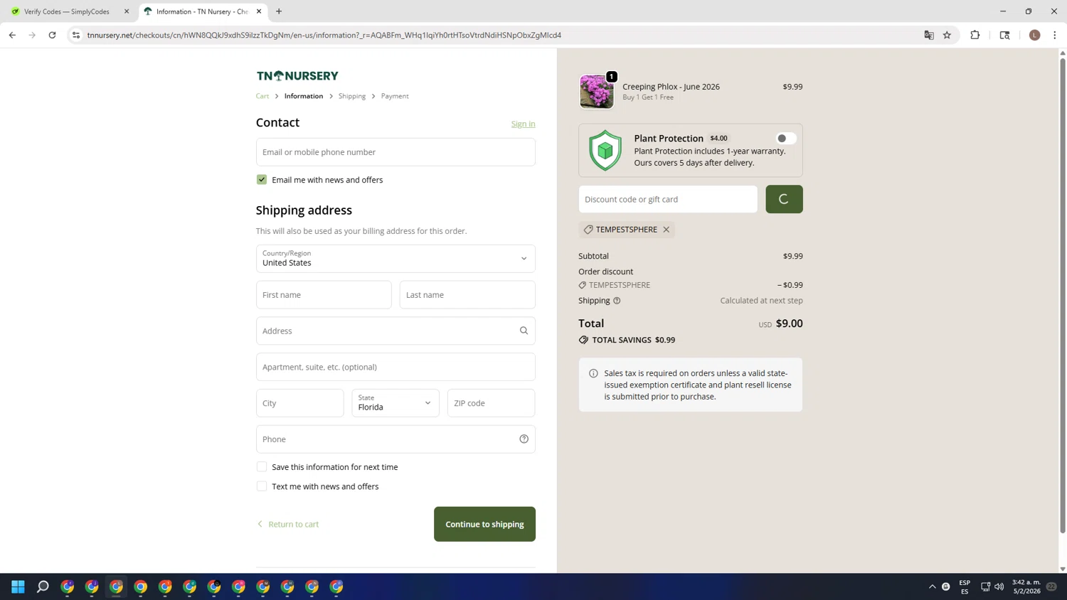 Tn Nursery checkout page showing Tn Nursery discount code box | Screenshot taken by SimplyCodes community member on Feb 5, 2026