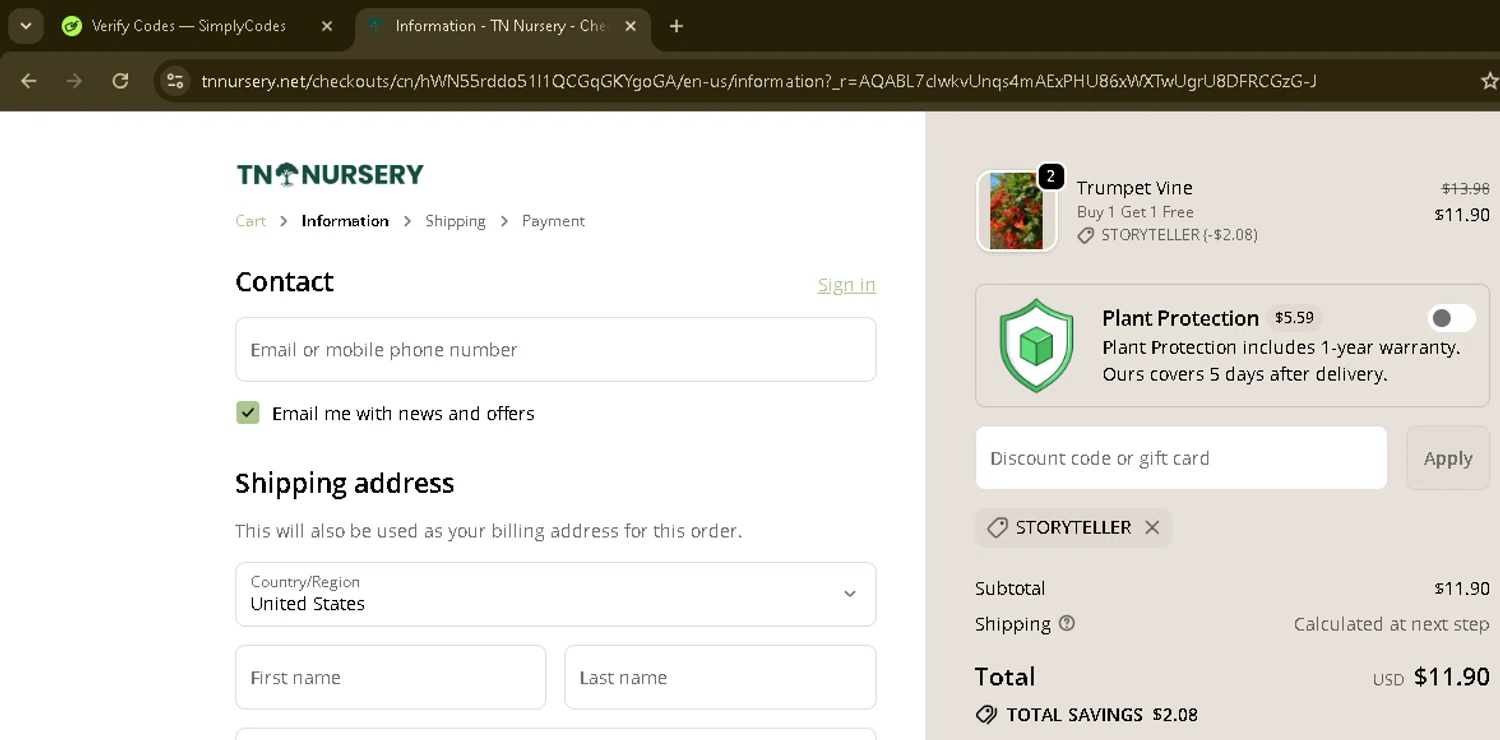 Tn Nursery discount code screenshot showing code STORYTELLER applied at Tn Nursery checkout page. Uploaded by SimplyCodes community member ManTheWeed on Nov 9, 2025