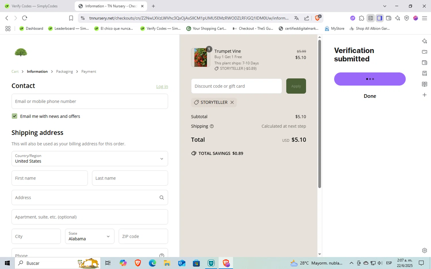 Tn Nursery discount code screenshot showing code STORYTELLER applied at Tn Nursery checkout page. Uploaded by SimplyCodes community member Rayyyyyy on Jun 22, 2025