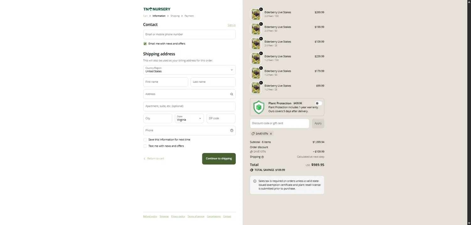 Tn Nursery checkout page showing Tn Nursery discount code box | Screenshot taken by SimplyCodes community member on Feb 5, 2026