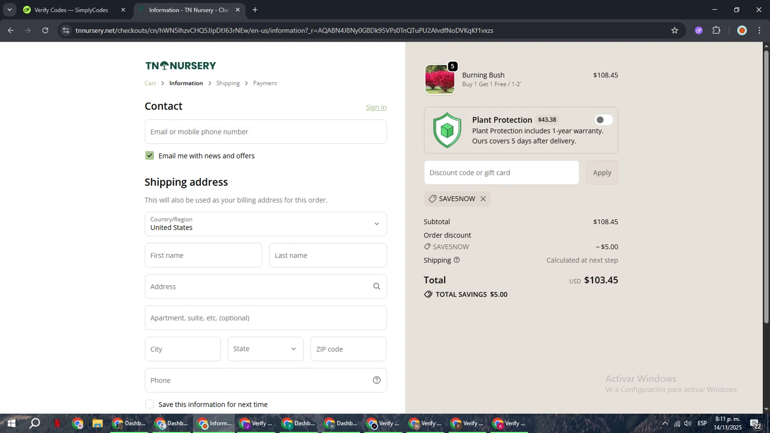 Tn Nursery discount code screenshot showing code SAVE5NOW applied at Tn Nursery checkout page. Uploaded by SimplyCodes community member BonusCaptain9927 on Nov 15, 2025