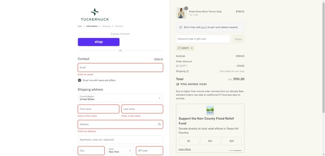 Tuckernuck checkout page showing Tuckernuck promo code box | Screenshot taken by SimplyCodes community member on Sep 4, 2025