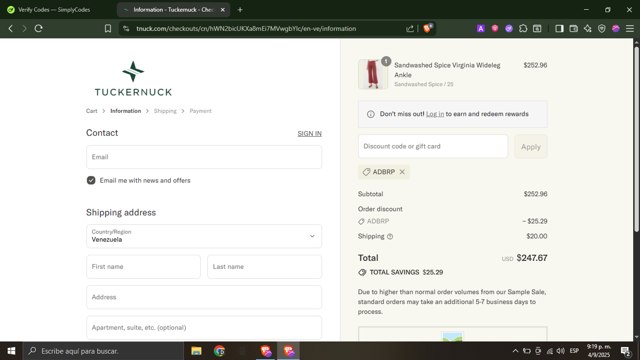 Tuckernuck checkout page showing Tuckernuck promo code box | Screenshot taken by SimplyCodes community member on Sep 5, 2025