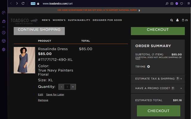 Toad & Co checkout page showing Toad & Co promo code box | Screenshot taken by SimplyCodes community member on Dec 3, 2020
