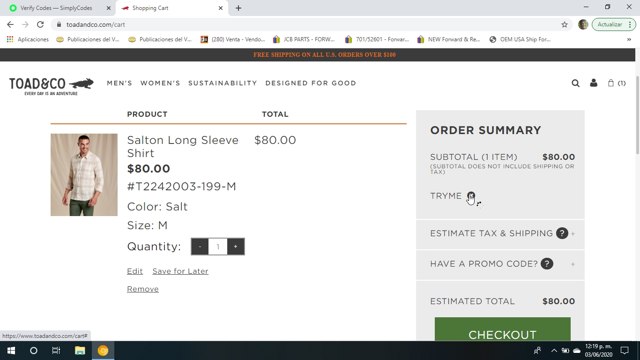 Toad & Co checkout page showing Toad & Co promo code box | Screenshot taken by SimplyCodes community member on Jun 3, 2020