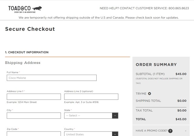 Toad & Co checkout page showing Toad & Co promo code box | Screenshot taken by SimplyCodes community member on Jun 15, 2020