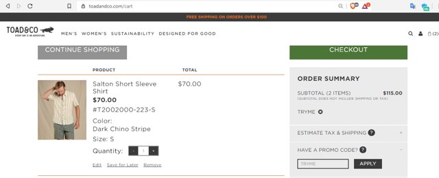 Toad & Co checkout page showing Toad & Co promo code box | Screenshot taken by SimplyCodes community member on Jul 3, 2020