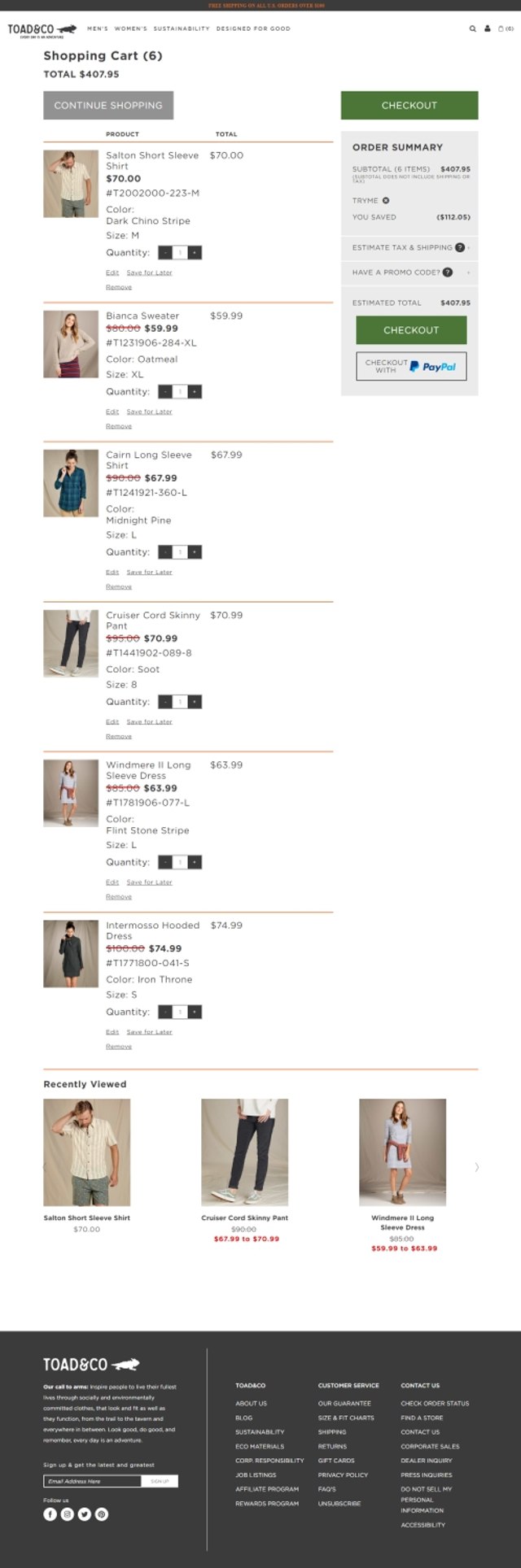 Toad & Co checkout page showing Toad & Co promo code box | Screenshot taken by SimplyCodes community member on Jun 9, 2020