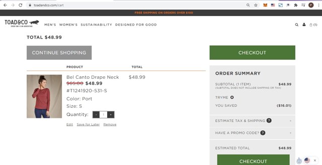 Toad & Co checkout page showing Toad & Co promo code box | Screenshot taken by SimplyCodes community member on Jun 27, 2020