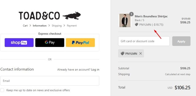 Toad & Co checkout page showing Toad & Co promo code box | Screenshot taken by SimplyCodes community member on Mar 10, 2021