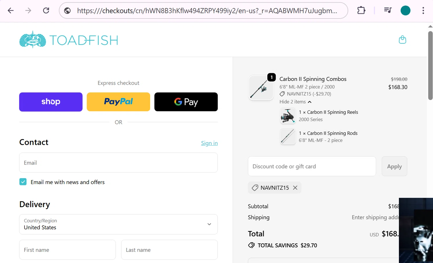 Toadfish promo code screenshot showing code NAVNITZ15 applied at Toadfish checkout page. Uploaded by SimplyCodes community member anosesmith on Jan 29, 2026