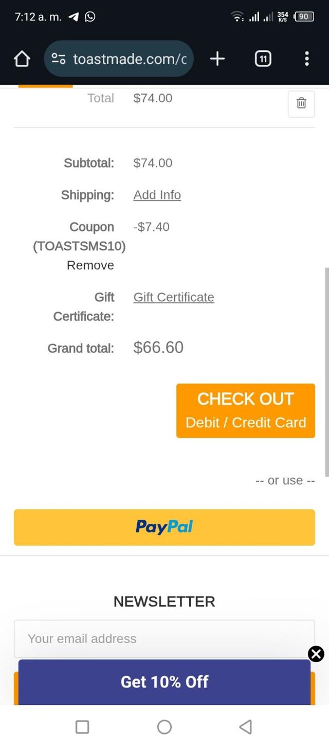 TOAST checkout page showing TOAST promo code box | Screenshot taken by SimplyCodes community member on May 16, 2025