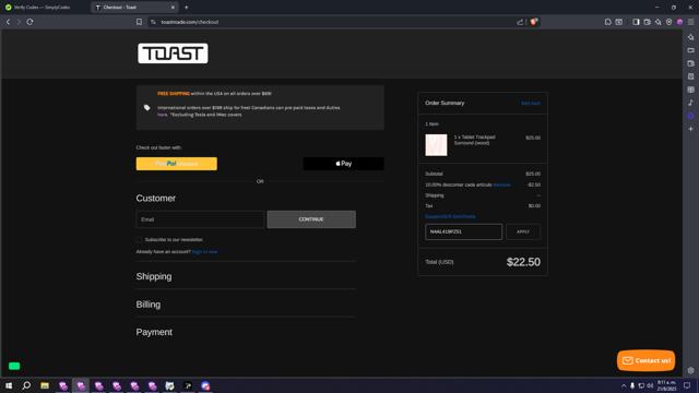 TOAST checkout page showing TOAST promo code box | Screenshot taken by SimplyCodes community member on Aug 21, 2025