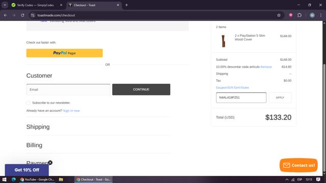 TOAST checkout page showing TOAST promo code box | Screenshot taken by SimplyCodes community member on Jul 23, 2025