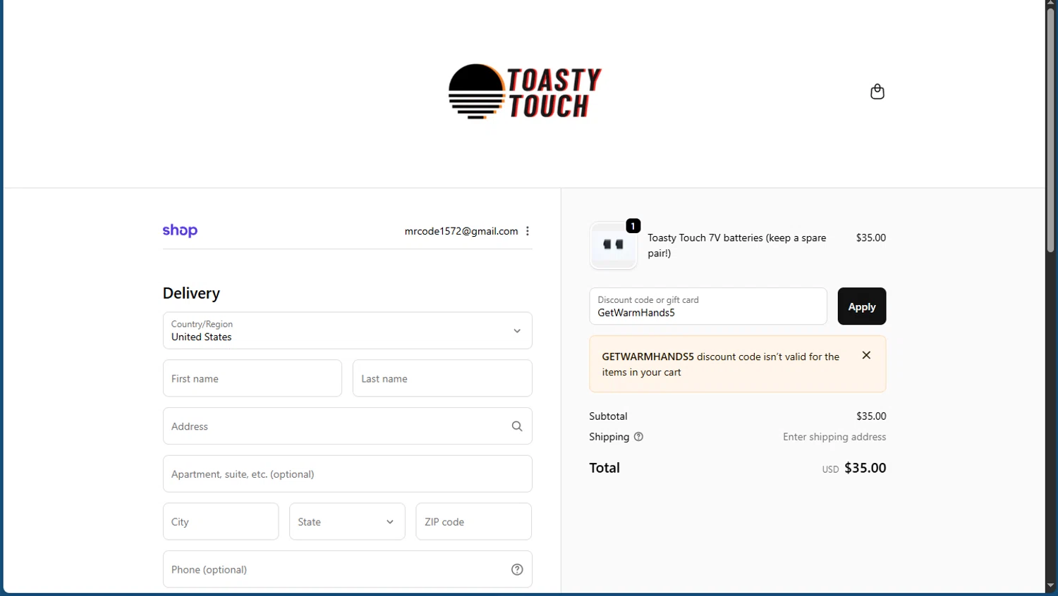 Toasty Touch discount code screenshot showing code GetWarmHands5 applied at Toasty Touch checkout page. Uploaded by SimplyCodes community member TokioMiller on Dec 10, 2025