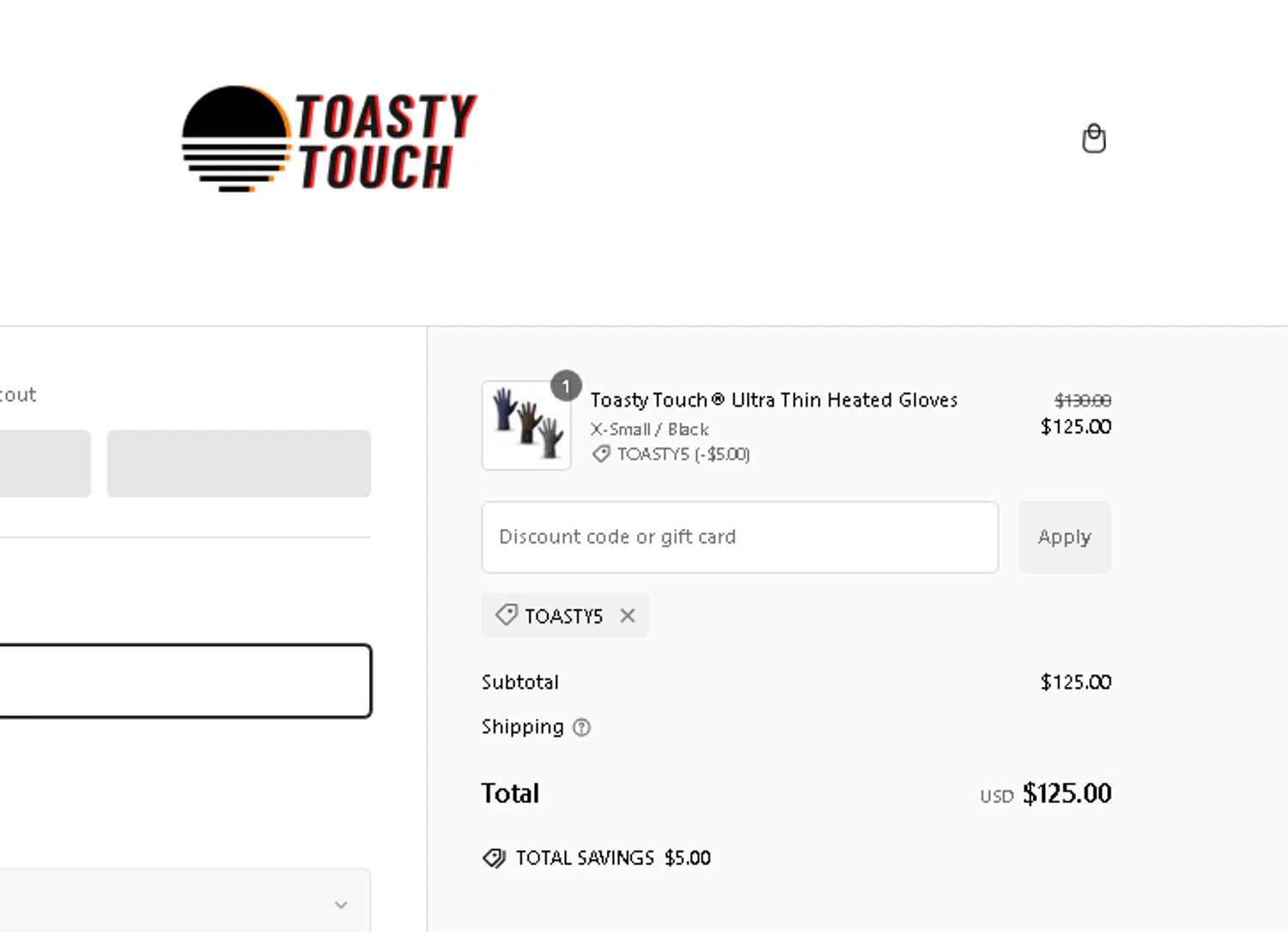 Toasty Touch discount code screenshot showing code TOASTY5 applied at Toasty Touch checkout page. Uploaded by SimplyCodes community member AMANDA2681 on Dec 17, 2024