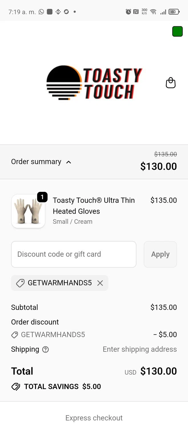 Toasty Touch discount code screenshot showing code GetWarmHands5 applied at Toasty Touch checkout page. Uploaded by SimplyCodes community member MRDEAL on Dec 10, 2025