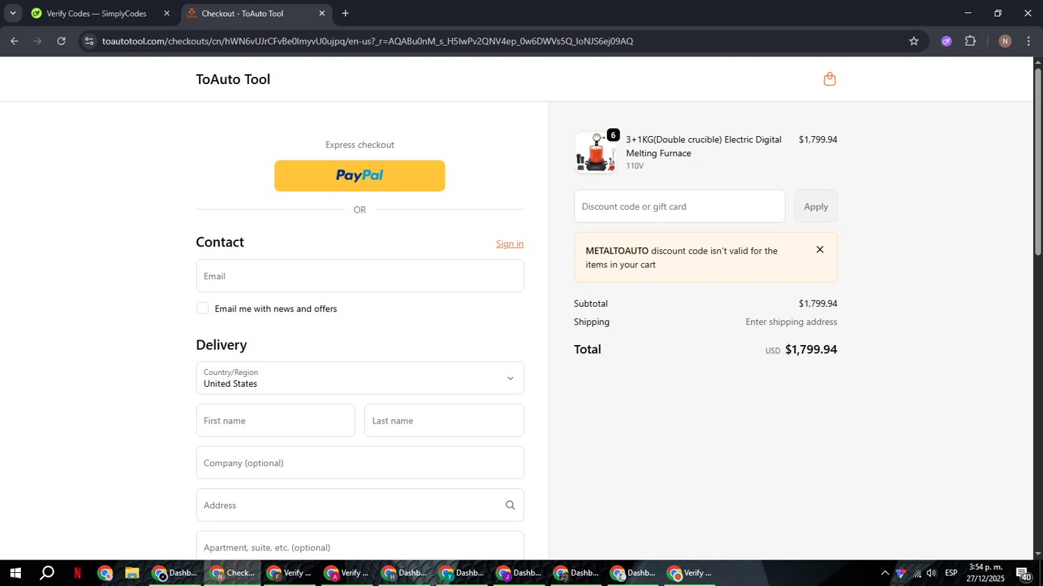 ToAuto Tool promo code screenshot showing code METALTOAUTO applied at ToAuto Tool checkout page. Uploaded by SimplyCodes community member DiscountPioneer2554 on Dec 27, 2025