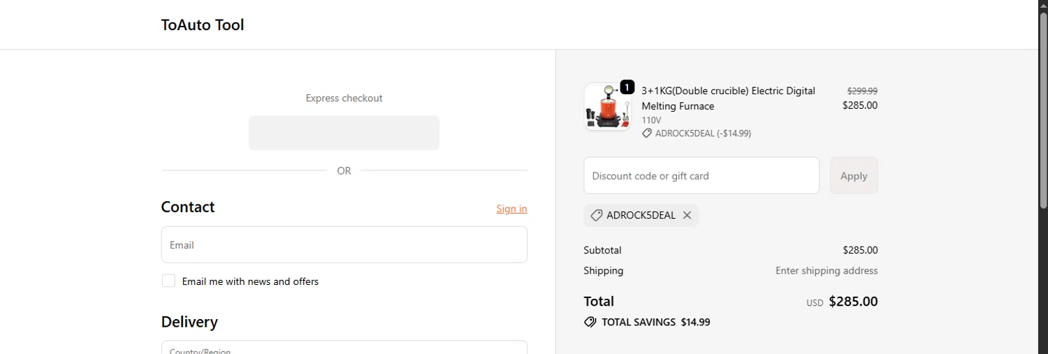 ToAuto Tool promo code screenshot showing code ADROCK5DEAL applied at ToAuto Tool checkout page. Uploaded by SimplyCodes community member CouponRanger9482 on Dec 27, 2025