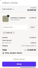 Tobias Oliver Interiors coupon verification screenshot
