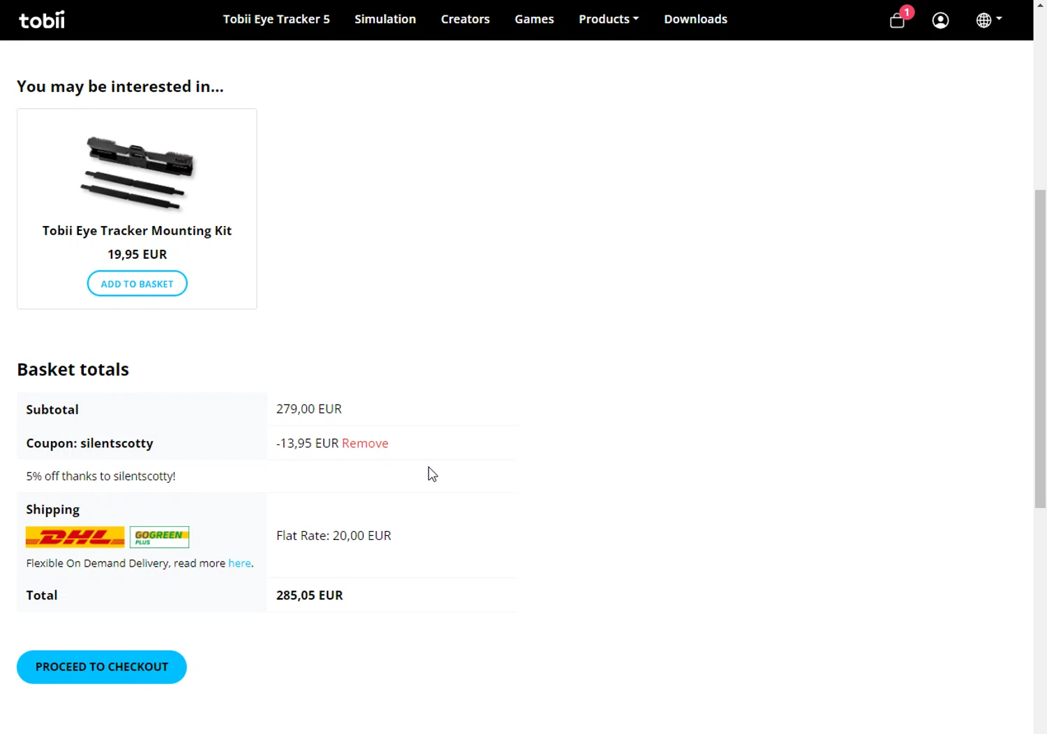 Tobii Gaming promo code screenshot showing code SILENTSCOTTY applied at Tobii Gaming checkout page. Uploaded by SimplyCodes community member Rayyyyyy on Dec 27, 2024