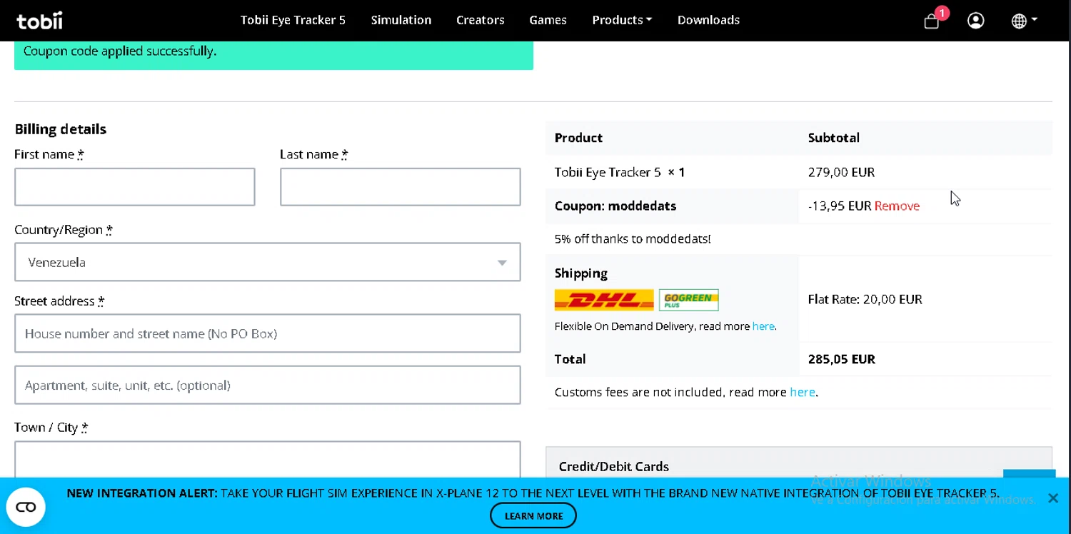 Tobii Gaming checkout page showing Tobii Gaming promo code box | Screenshot taken by SimplyCodes community member on Jan 31, 2026
