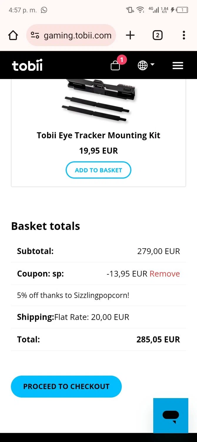 Tobii Gaming promo code screenshot showing code SP applied at Tobii Gaming checkout page. Uploaded by SimplyCodes community member Xx_Cogeburras3000_xX on Oct 2, 2025