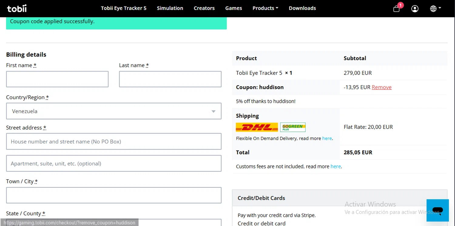 Tobii Gaming promo code screenshot showing code Huddison applied at Tobii Gaming checkout page. Uploaded by SimplyCodes community member RewardLynx9164 on Oct 10, 2025