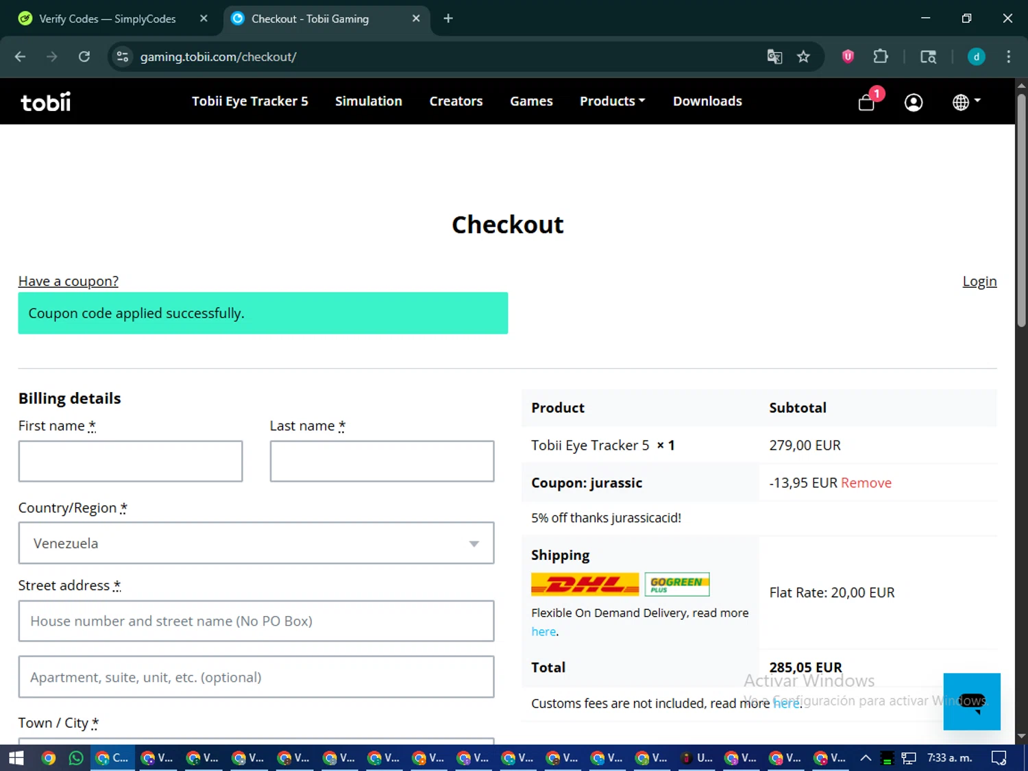 Tobii Gaming promo code screenshot showing code JURASSIC applied at Tobii Gaming checkout page. Uploaded by SimplyCodes community member CodeMaverick5767 on Nov 8, 2025