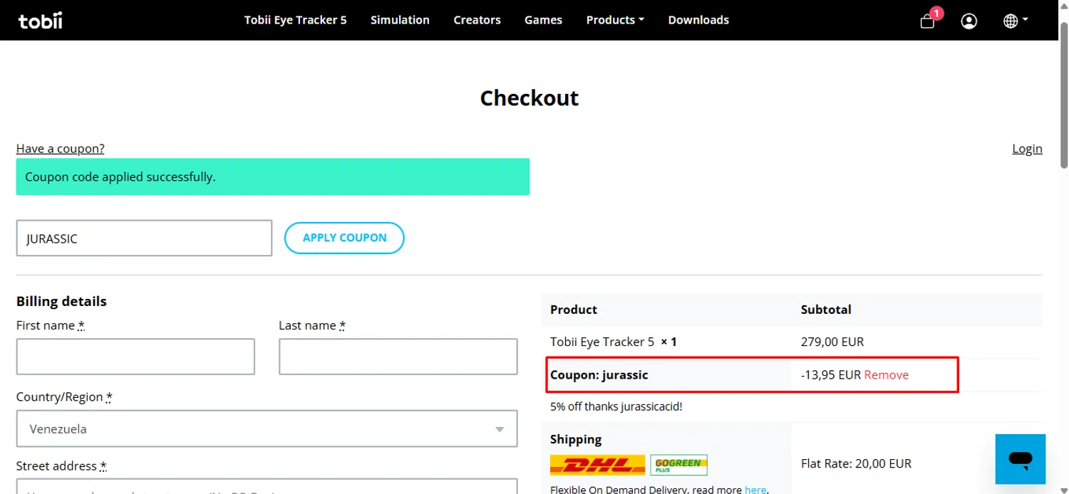 Tobii Gaming promo code screenshot showing code JURASSIC applied at Tobii Gaming checkout page. Uploaded by SimplyCodes community member anosesmith on Oct 10, 2025