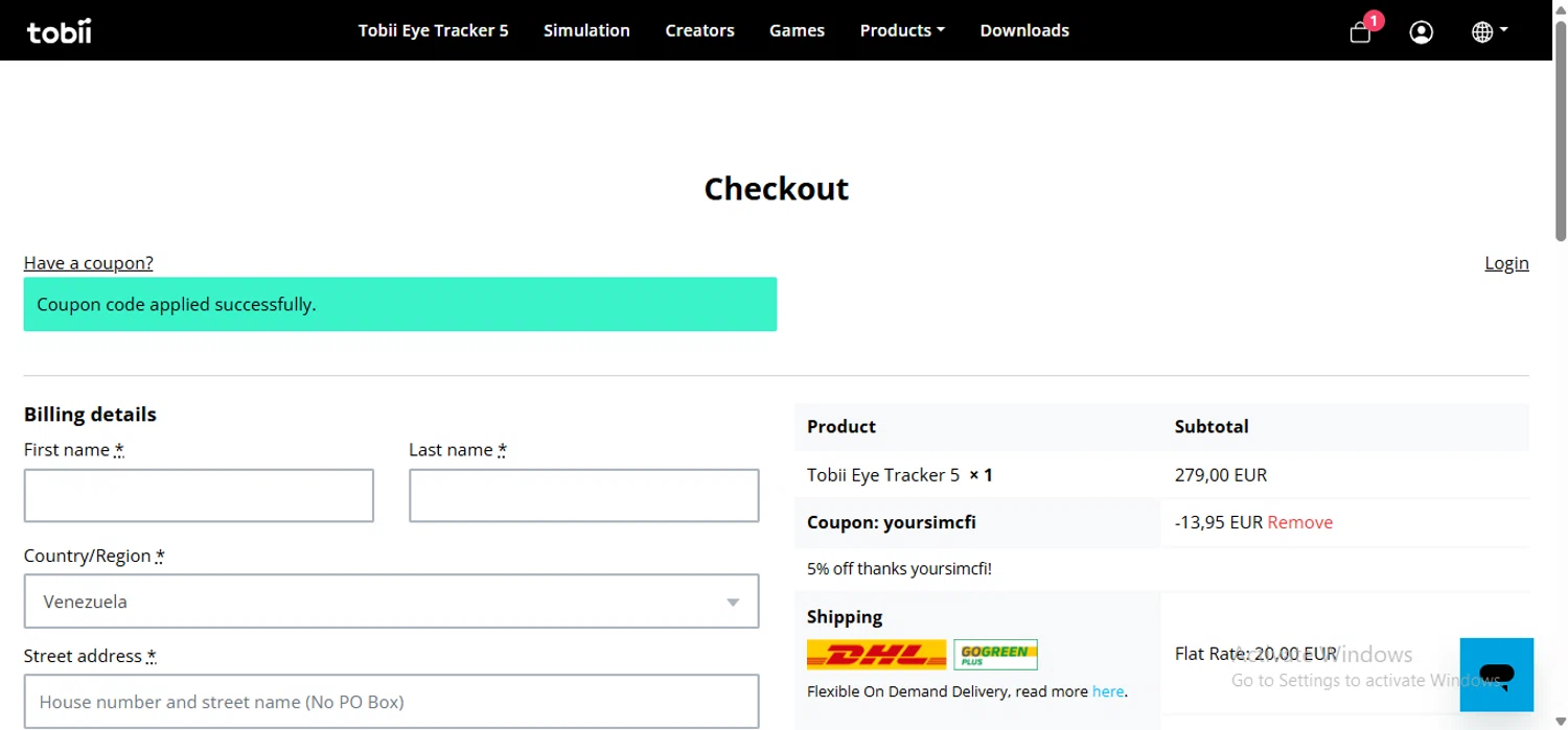 Tobii Gaming promo code screenshot showing code yoursimcfi applied at Tobii Gaming checkout page. Uploaded by SimplyCodes community member anosesmith on Sep 3, 2025