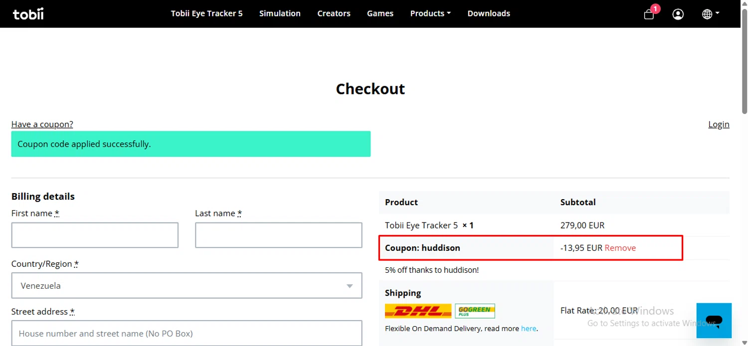 Tobii Gaming promo code screenshot showing code Huddison applied at Tobii Gaming checkout page. Uploaded by SimplyCodes community member anosesmith on Sep 11, 2025