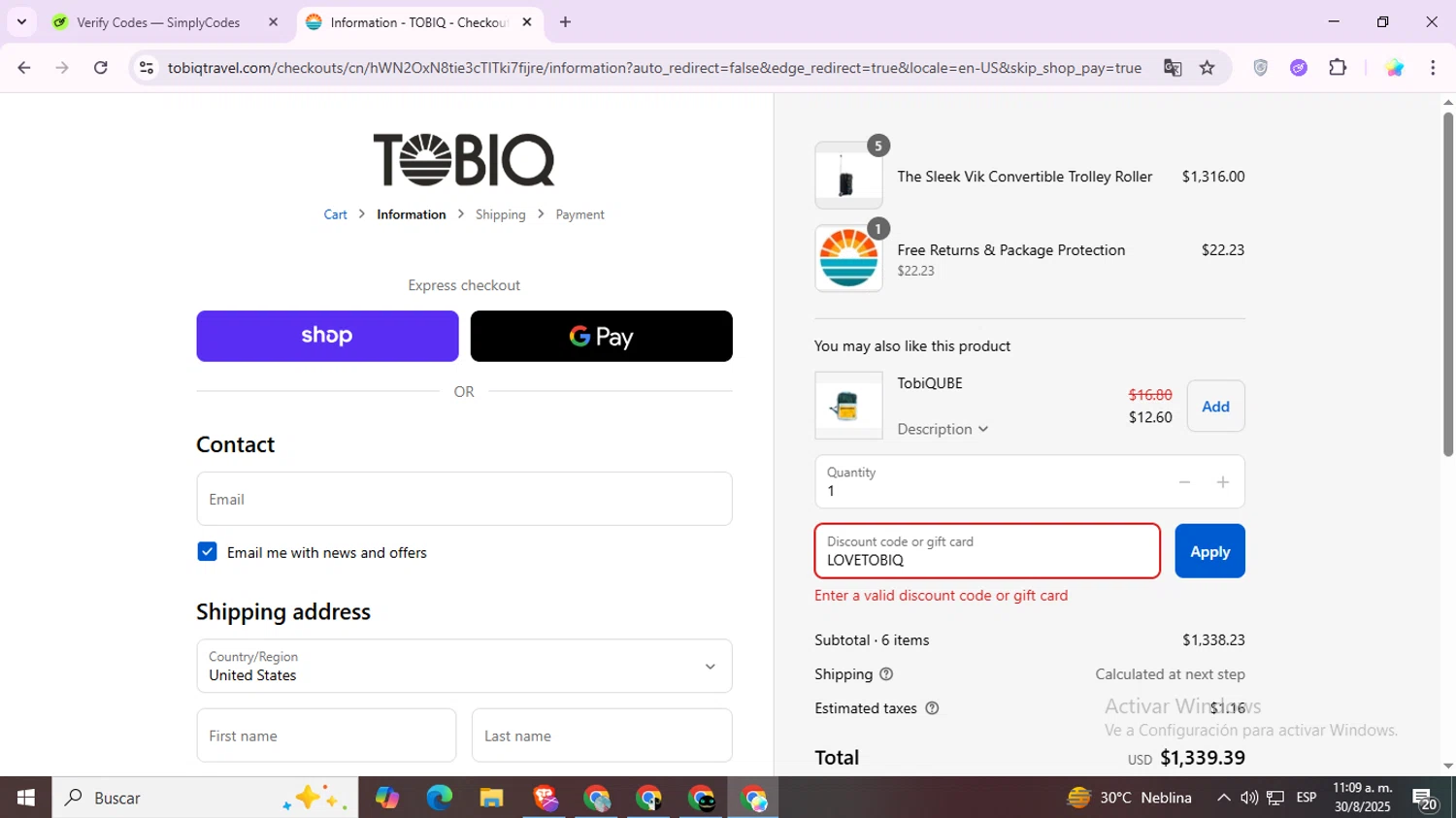 TOBIQ coupon code screenshot showing code LOVETOBIQ applied at TOBIQ checkout page. Uploaded by SimplyCodes community member Estrellitacoairis on Aug 30, 2025