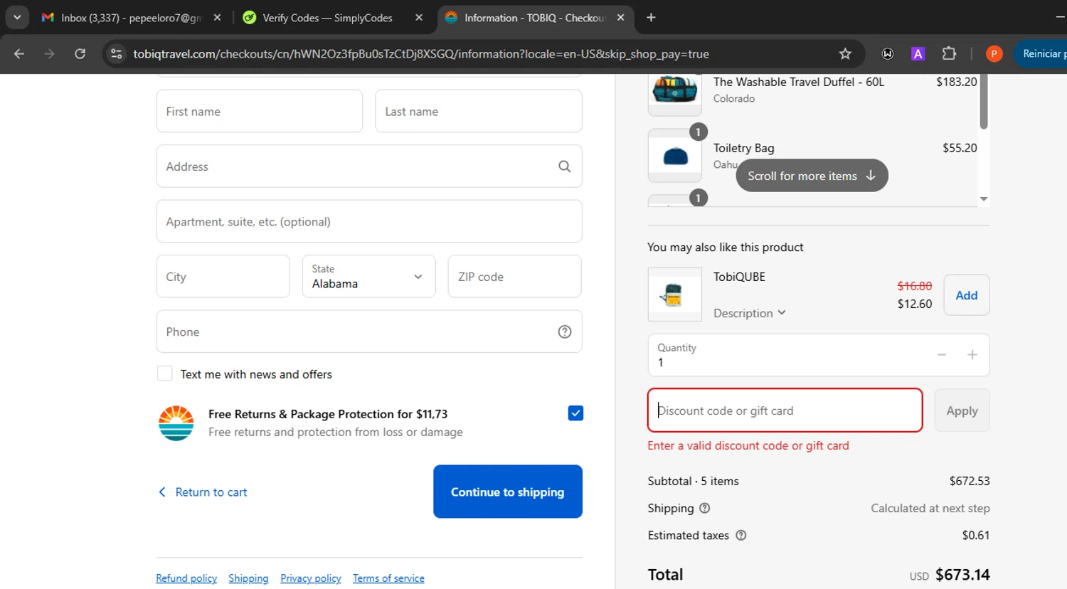 TOBIQ coupon code screenshot showing code Thecollinskids applied at TOBIQ checkout page. Uploaded by SimplyCodes community member Eminem on Aug 30, 2025