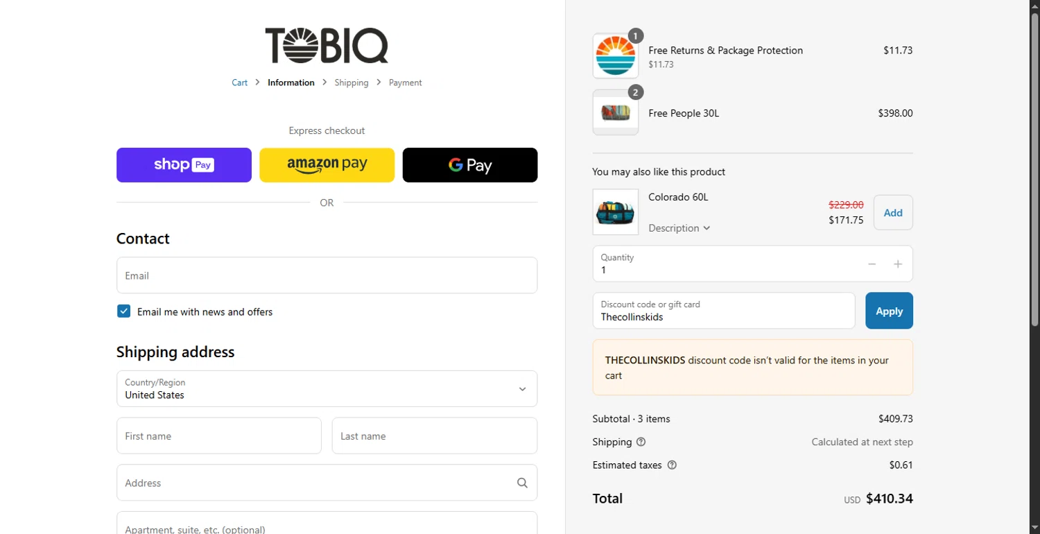 TOBIQ coupon code screenshot showing code Thecollinskids applied at TOBIQ checkout page. Uploaded by SimplyCodes community member LlonardoLotes on Jun 2, 2025