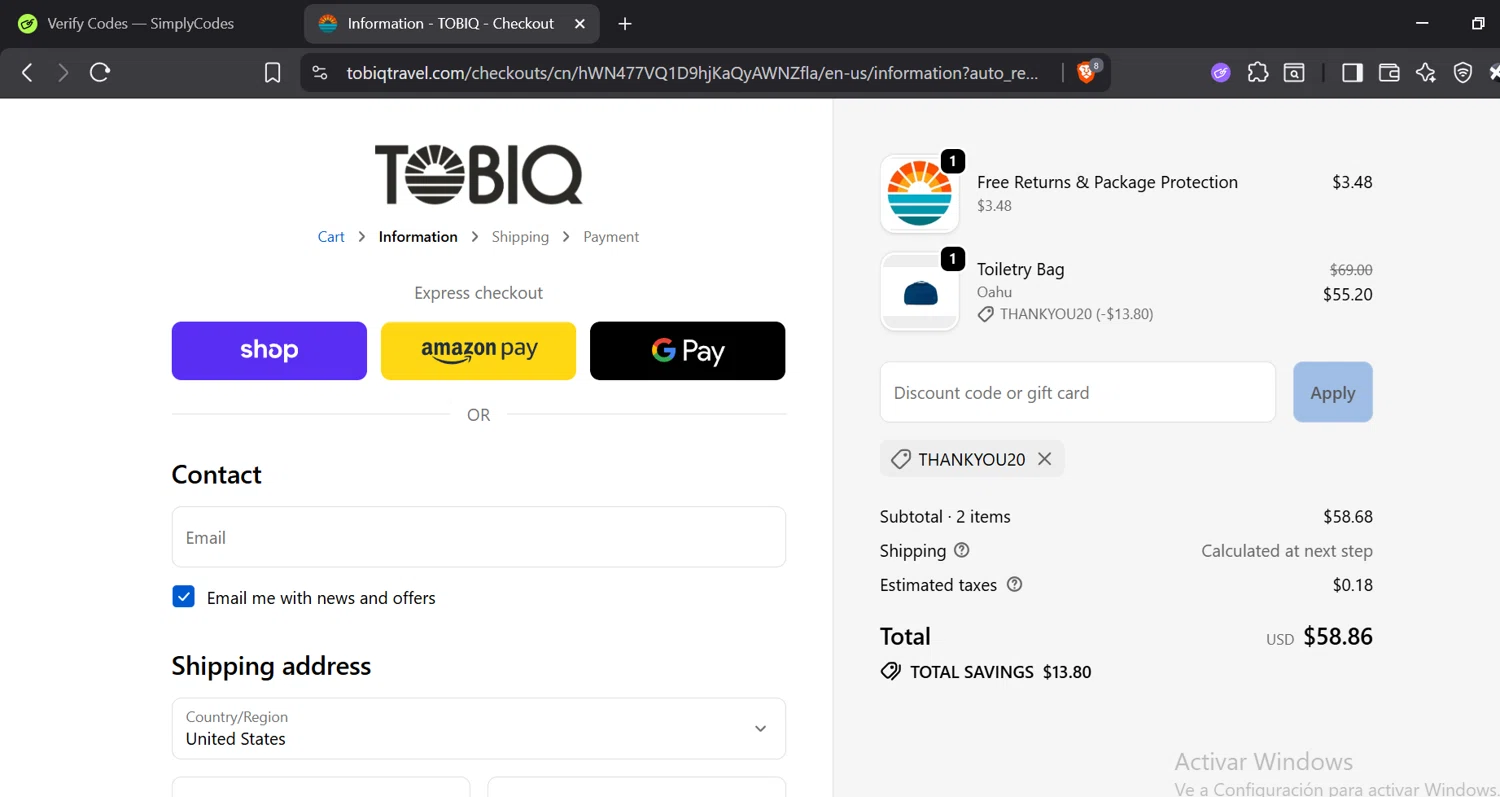TOBIQ coupon code screenshot showing code THANKYOU20 applied at TOBIQ checkout page. Uploaded by SimplyCodes community member GloriousTitan3094 on Oct 14, 2025
