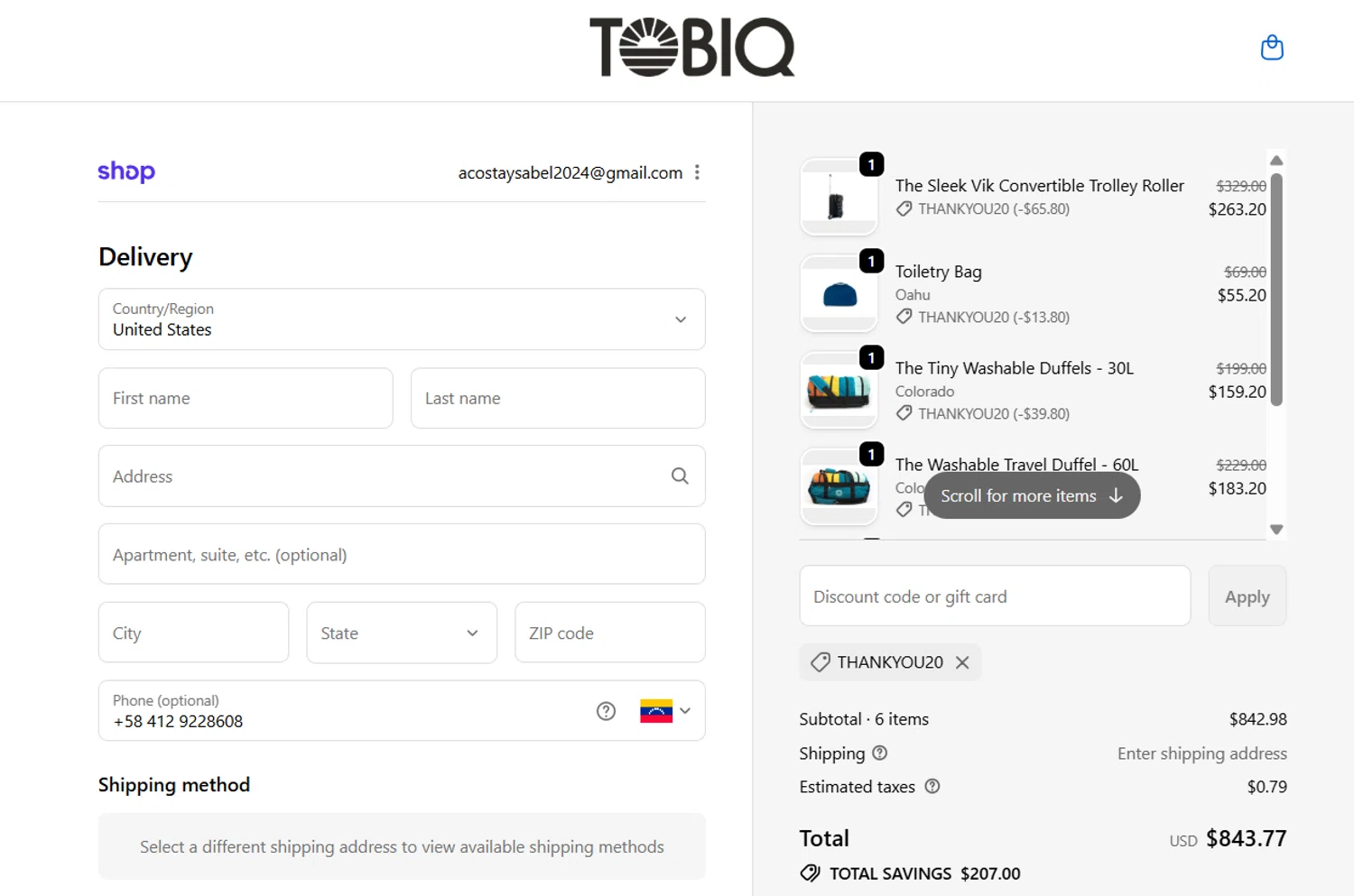 TOBIQ coupon code screenshot showing code THANKYOU20 applied at TOBIQ checkout page. Uploaded by SimplyCodes community member Gray_75 on Oct 10, 2025