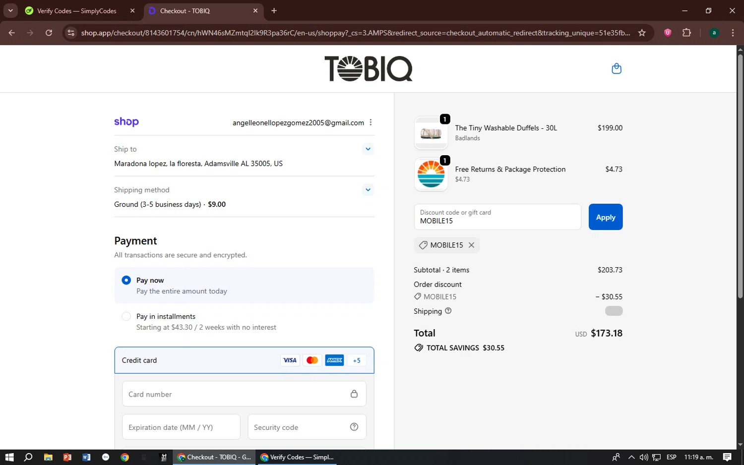 TOBIQ coupon code screenshot showing code MOBILE15 applied at TOBIQ checkout page. Uploaded by SimplyCodes community member zizu55 on Oct 14, 2025