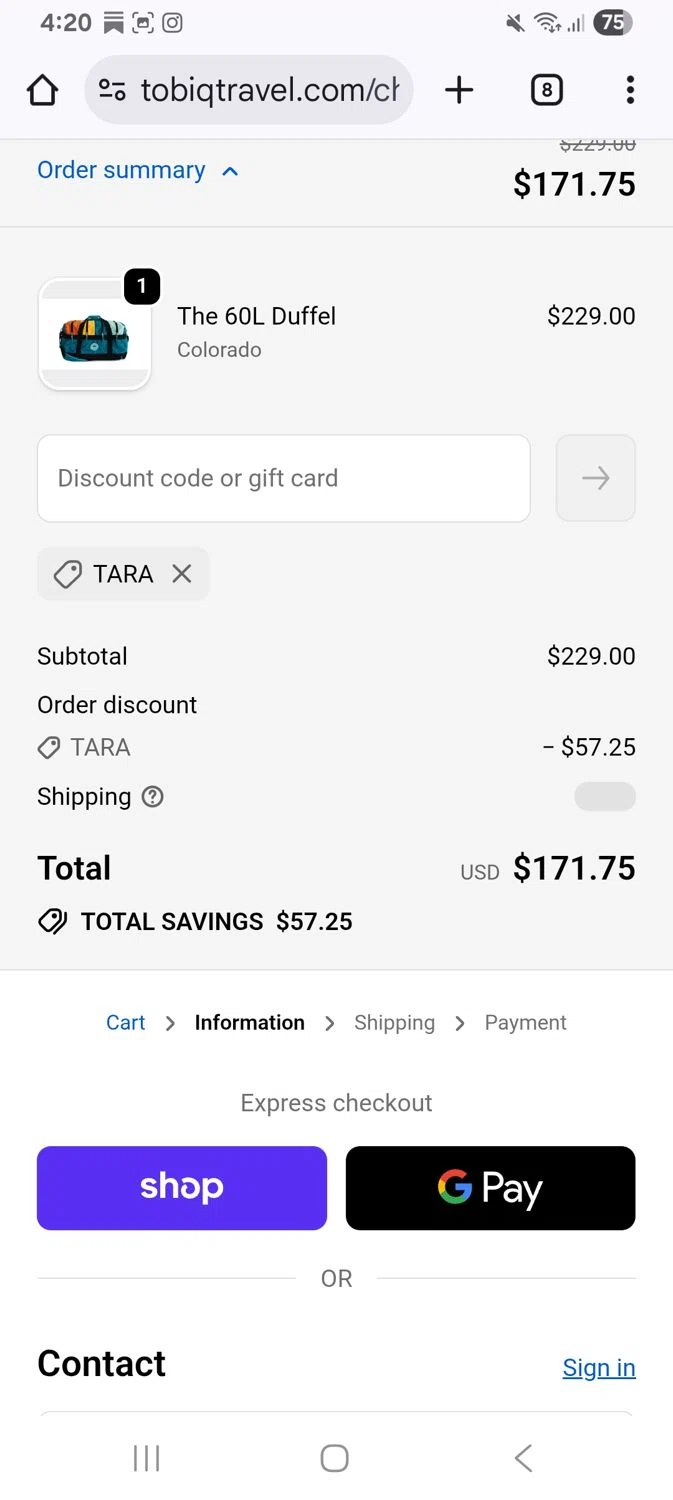 TOBIQ coupon code screenshot showing code Tara applied at TOBIQ checkout page. Uploaded by SimplyCodes community member KarinaHZ on Dec 1, 2025