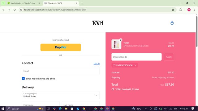 TOCA checkout page showing TOCA promo code box | Screenshot taken by SimplyCodes community member on Sep 1, 2025
