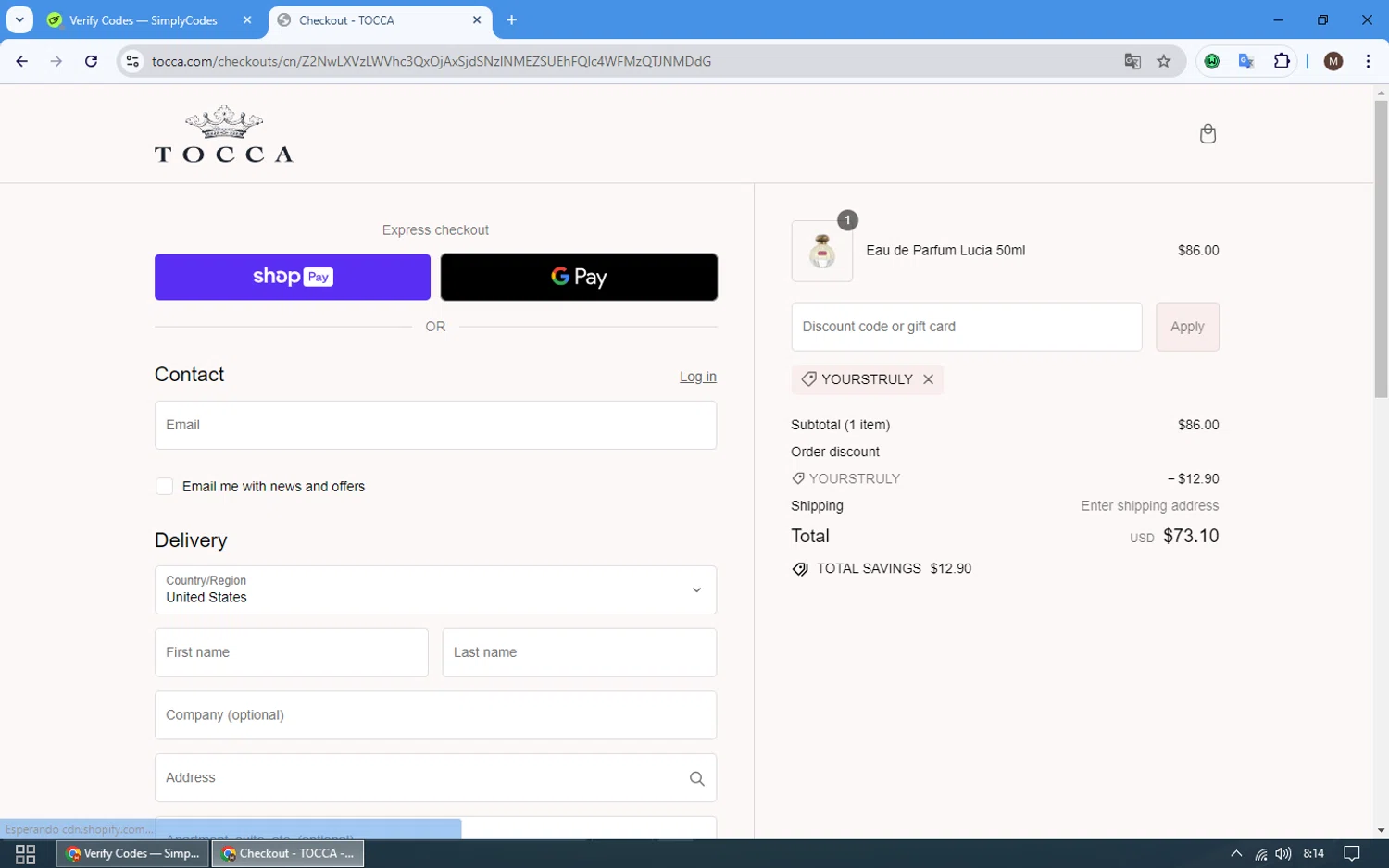 where to use Tocca promo code box