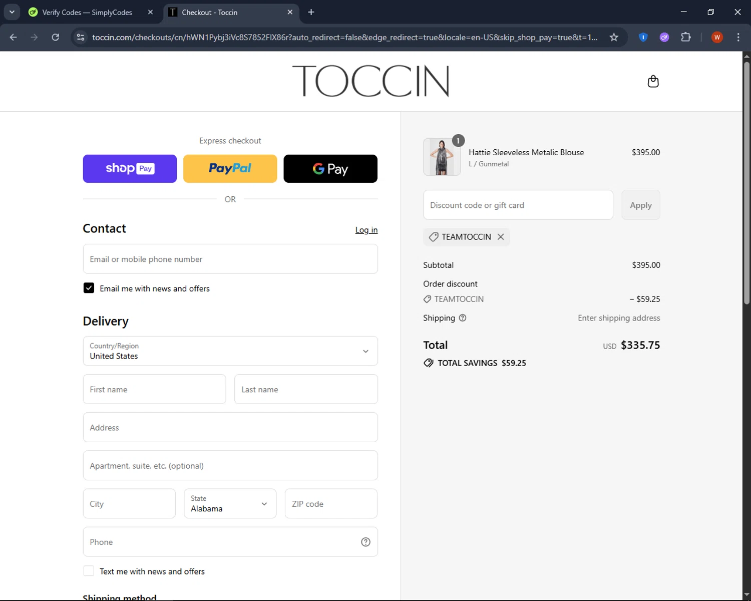Toccin promo code screenshot showing code TEAMTOCCIN applied at Toccin checkout page. Uploaded by SimplyCodes community member CashPro9699 on Aug 4, 2025
